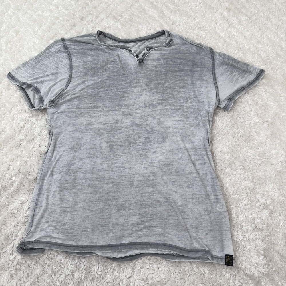 Lucky Brand Shirt Mens Large Gray Button Neck Short Sleeve Distressed Washed Tee